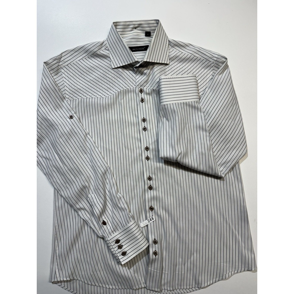 Bogosse Men's Stripes Button Up Casual‎ Long Sleeve Shirt Size 4